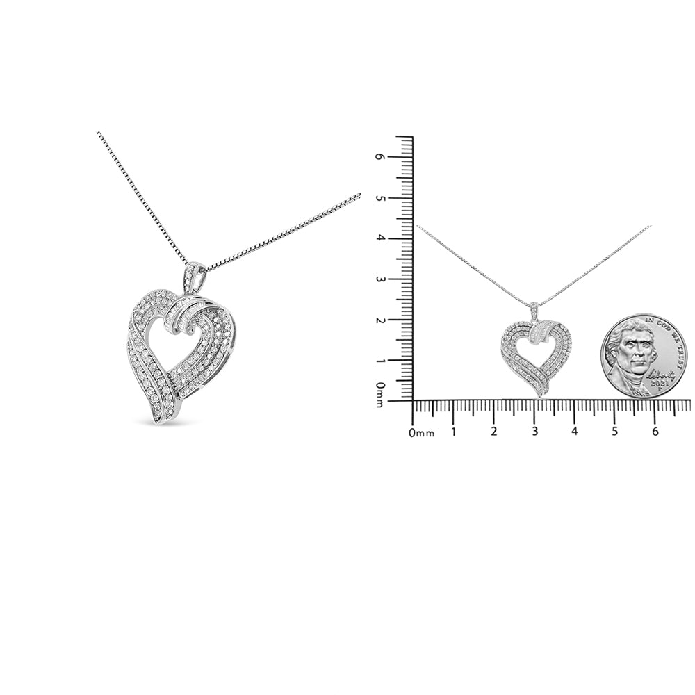 .925 Sterling Silver 1.00 Cttw Baguette Diamond Composite Open Heart 18" Inch Pendant Necklace (I-J Color, I1-I2 Clarity) - Friggin Jewelry