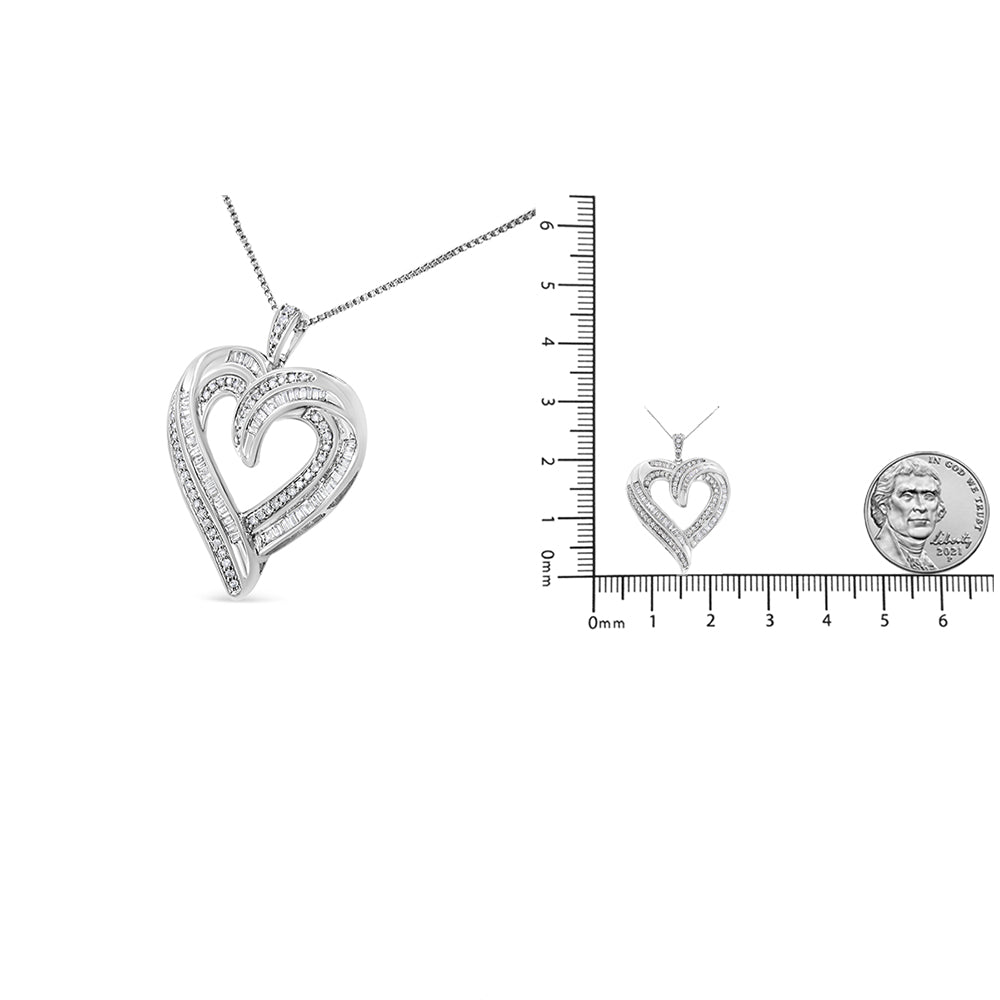 .925 Sterling Silver 3/4 Cttw Round and Baguette-Cut Diamond Open Heart 18" Pendant Necklace (I-J Color, I2-I3 Clarity) - Friggin Jewelry