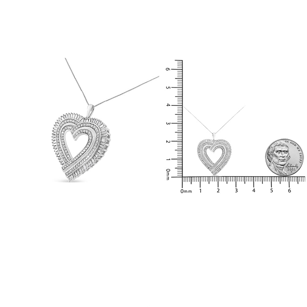 .925 Sterling Silver 1 1/4 Cttw Round and Baguette-Cut Diamond Composite Heart 18" Pendant Necklace (I-J Color, I1-I2 Clarity) - Friggin Jewelry