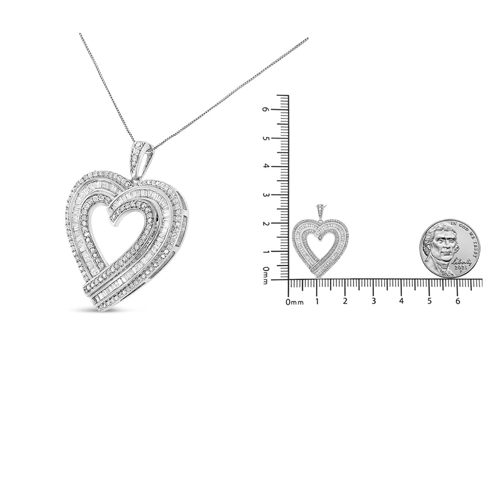 .925 Sterling Silver 1 3/8 Cttw Baguette Diamond Composite Heart 18" Inch Pendant Necklace (I-J Color, I1-I2 Clarity) - Friggin Jewelry