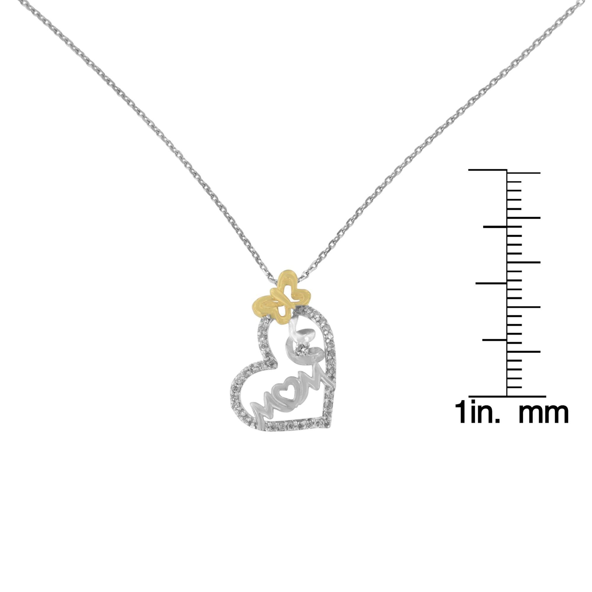 Two Tone .925 Sterling Silver 1/5 cttw Diamond "Mom" and Heart Pendant Necklace (H-I, I1-I2) - Mom - Friggin Jewelry