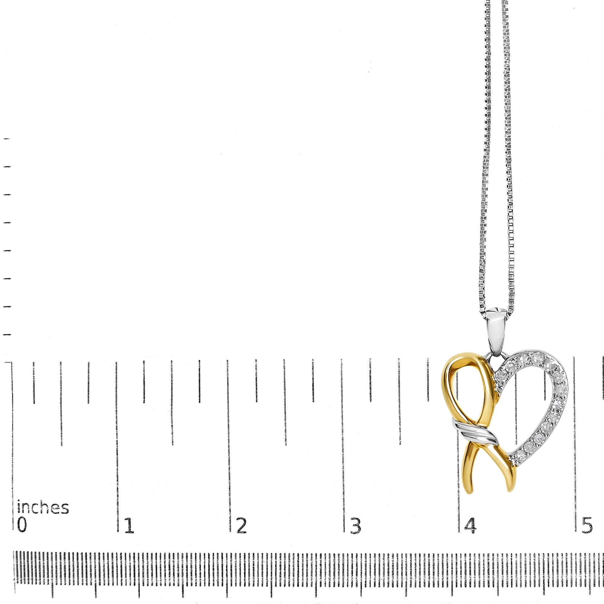 10K Yellow Gold Plated .925 Sterling Silver 1/5 Cttw Diamond Ribbon Heart Pendant Necklace (H-I Color, I2-I3 Clarity) - 18" - Friggin Jewelry