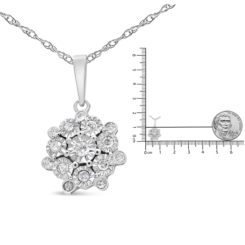 .925 Sterling Silver 1/4 cttw Diamond Floral Cluster Pendant Necklace (I-J, I2-I3) - Friggin Jewelry