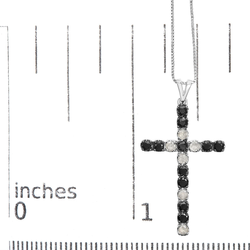 .925 Sterling Silver 1.0 Cttw Black and White Diamond Alternating Classic Cross 18" Pendant Necklace (Black/I-J Color, I3 Clarity)" - Friggin Jewelry
