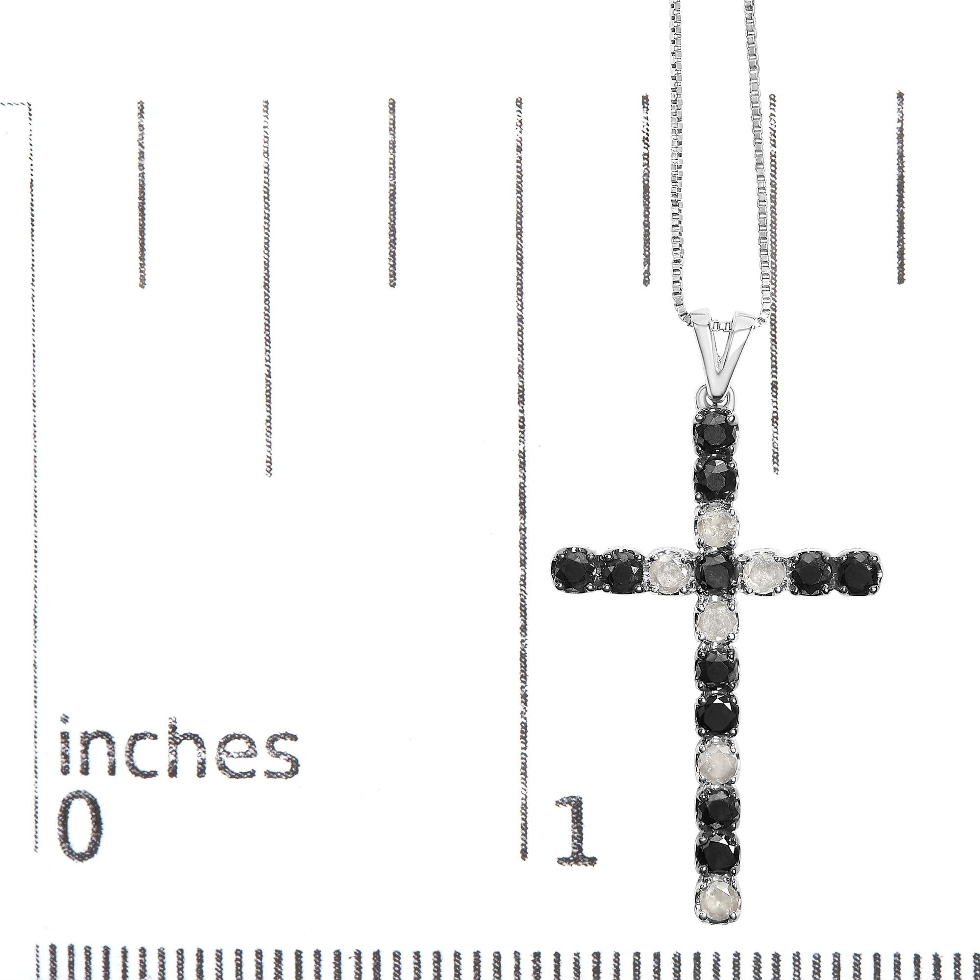 .925 Sterling Silver 2.0 Cttw Prong Set Round Natural Treated Black and White Diamond Cross Pendant Necklace - 18" (Black/H-I Color, I3 Clarity) - Friggin Jewelry