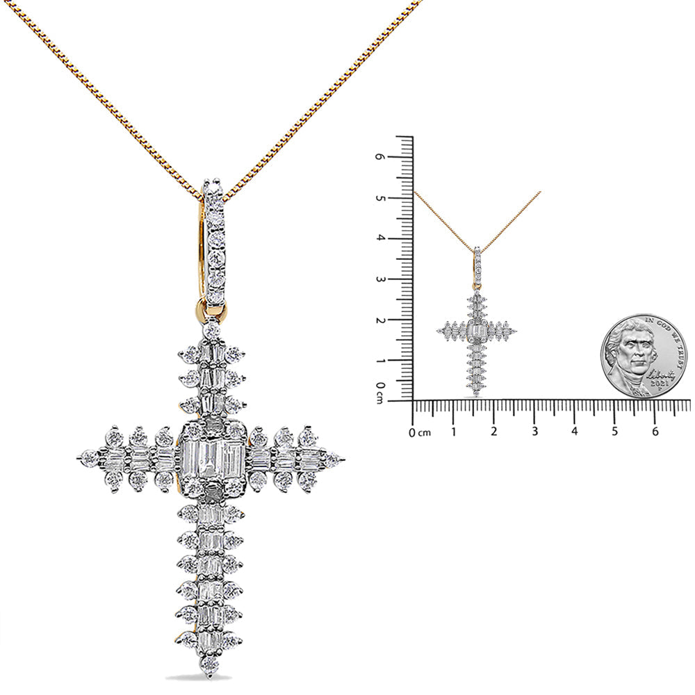 10K Yellow Gold 7/8 Cttw Round & Baguette Diamond Zigzag Pattern Cross Pendant Necklace (H-I Color, SI2-I1 Clarity) - Chain Not Included - Friggin Jewelry