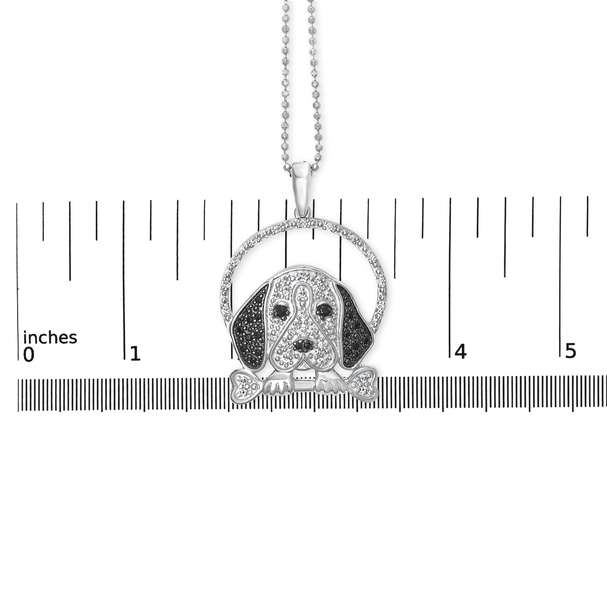 .925 Sterling Silver 1/4 Cttw White and Black Diamond Beagle Dog and Bone Pendant Necklace (I-J Color, I2-I3 Clarity) - 18" Inches - Friggin Jewelry