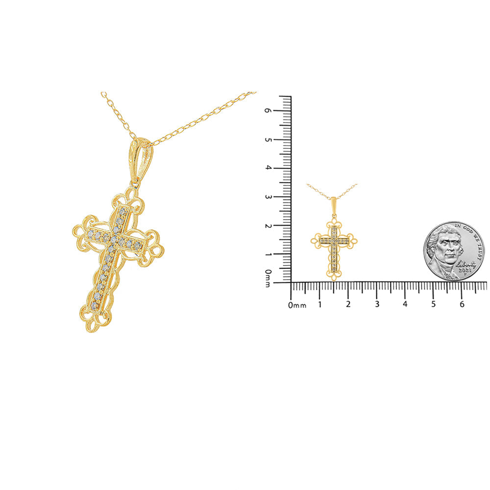 10K Yellow Flashed .925 Sterling Silver 1/4 Cttw Champagne Diamond Filigree Cross Pendant Necklace (K-L Color, I1-I2 Clarity) - 18" - Friggin Jewelry