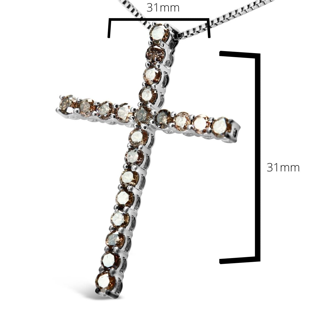 .925 Sterling Silver 1.0 Cttw Champagne Diamond Gold Cross Pendant Necklace for Women (Champagne Color, I1-I2 Clarity)- 18 inch - Friggin Jewelry