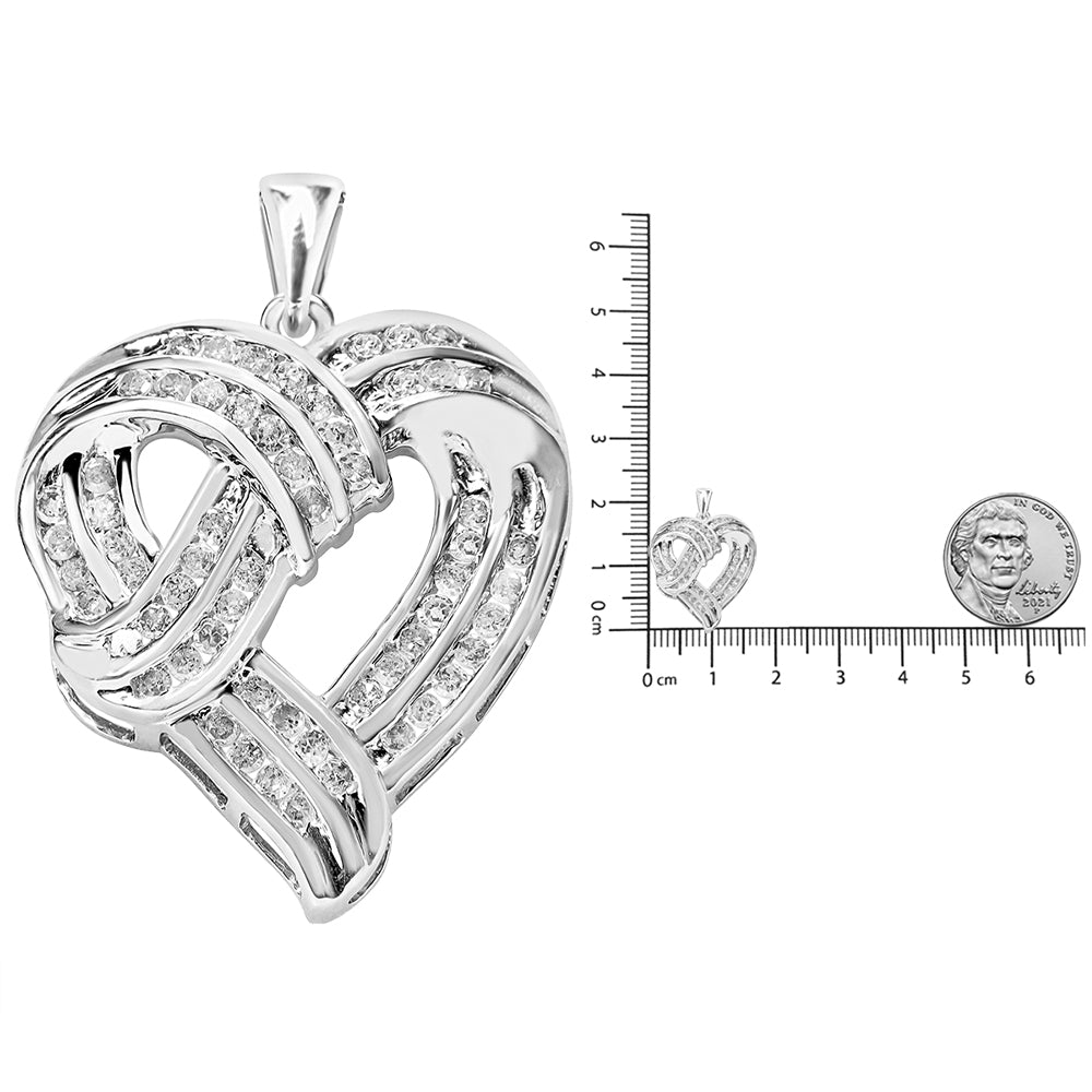 .925 Sterling Silver 1 1/4 Cttw Round Diamond Openwork Ribbon Weave Heart Pendant 18" Necklace (I-J Color, I3 Clarity) - Friggin Jewelry