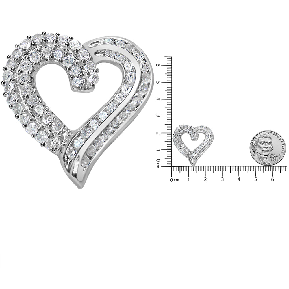 .925 Sterling Silver 1.0 Cttw Prong & Channel-Set Diamond Open work Ribbon Heart Pendant 18" Necklace (I-J Color, I3 Clarity) - Friggin Jewelry