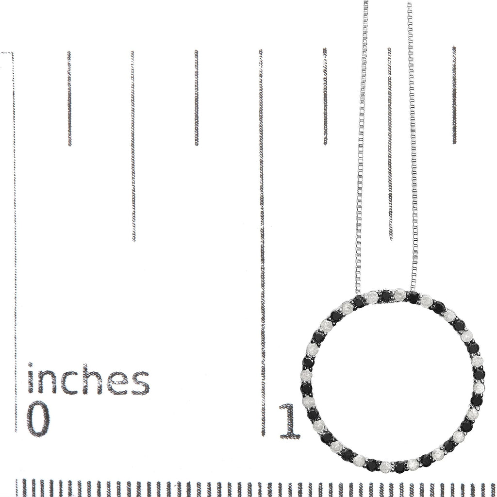 .925 Sterling Silver 1.0 Cttw Alternating Black and White Diamond Open Hoop Circle Pendant Necklace - 18" Inches - Friggin Jewelry