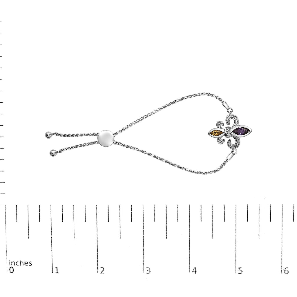 .925 Sterling Silver Marquise Purple Amethyst, Orange Citrine, and Diamond Accent Lariat 4”-10” Fleur De Lis Adjustable Bolo Bracelet (I-J Color, I1-I2 Clarity) - Friggin Jewelry