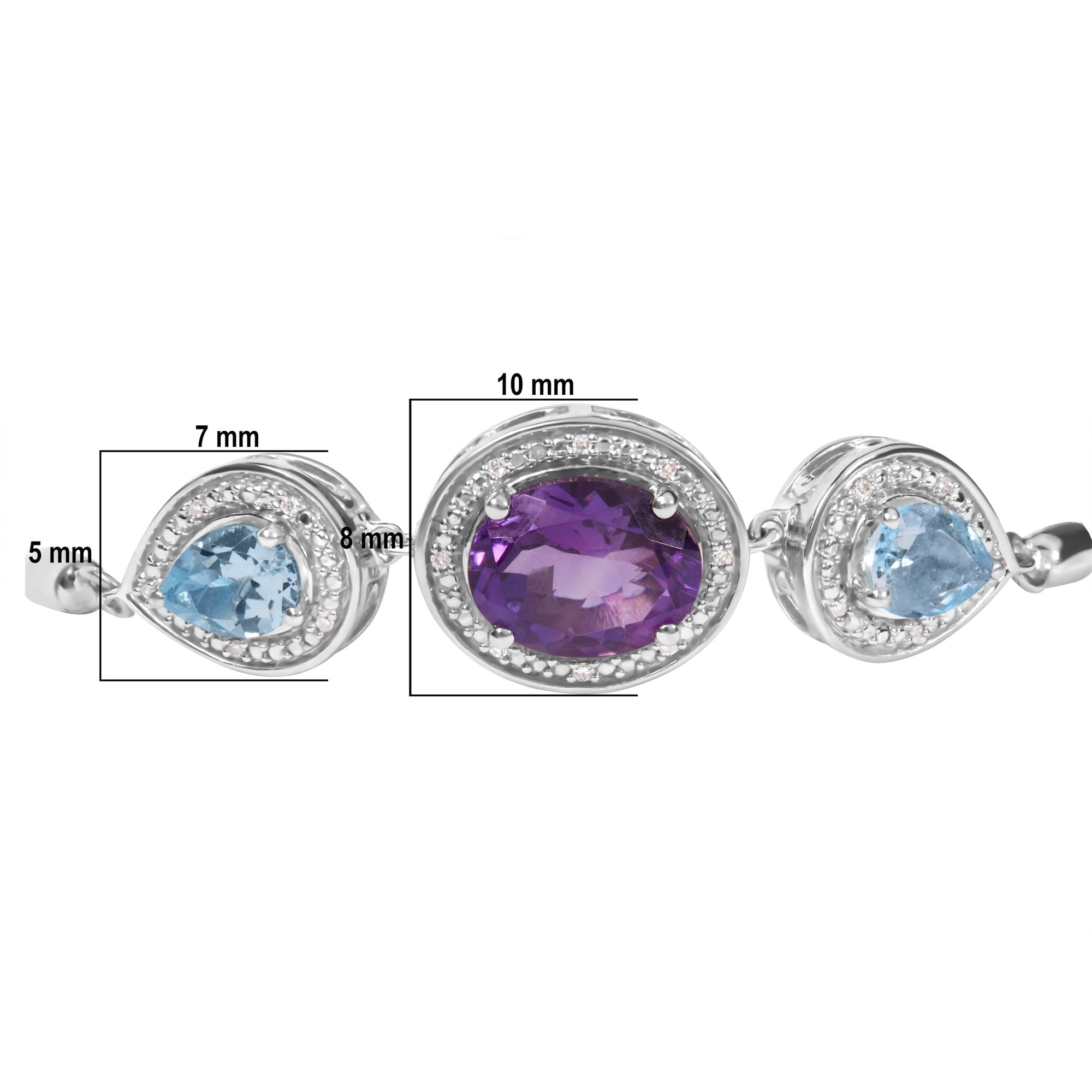 Pulsera bolo ajustable de plata de ley 925 con amatista ovalada y topacio azul pera, con detalle de diamante, de 10 a 25 cm (color HI, claridad SI1-SI2) - Friggin Jewelry