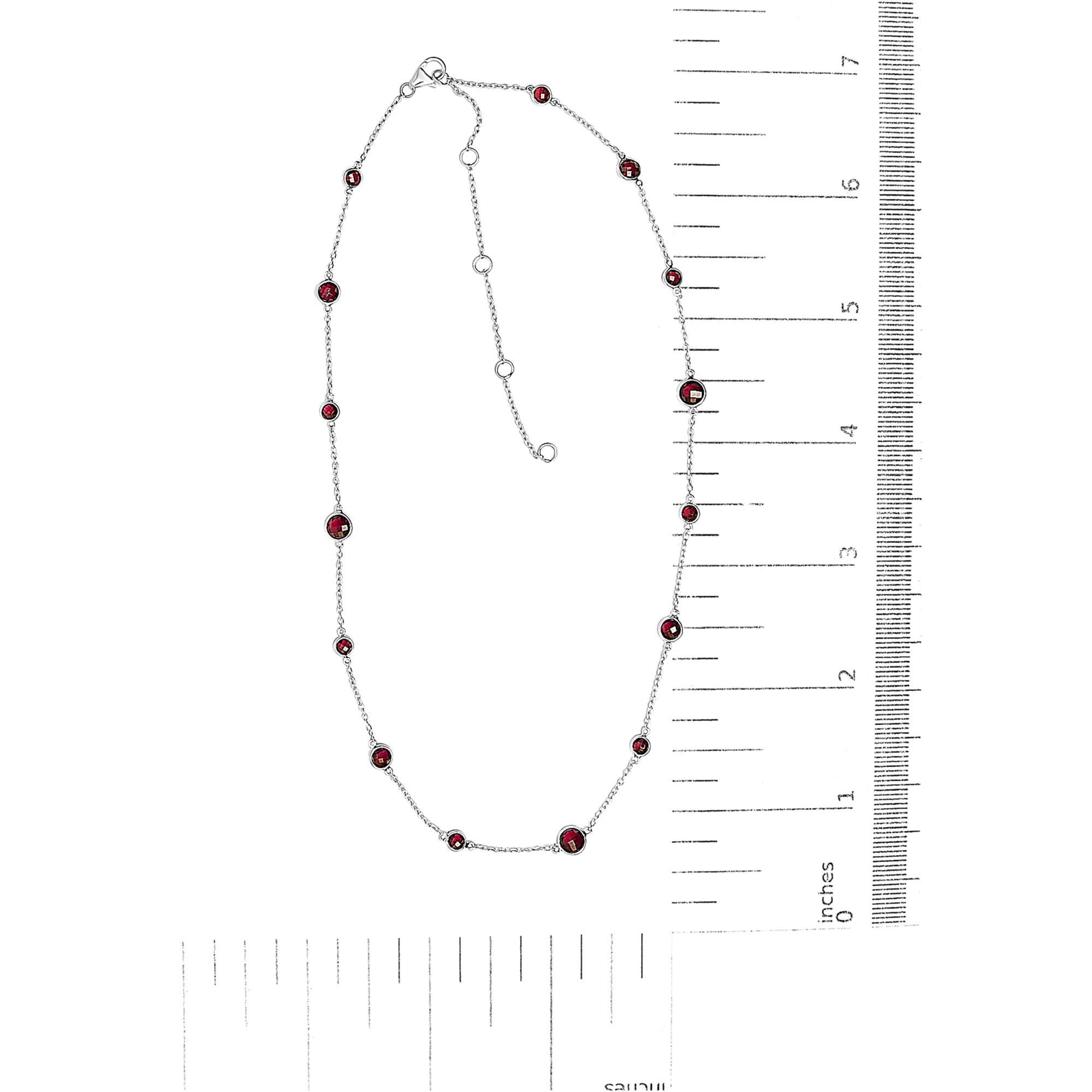.925 Sterling Silver Checkerboard Cut Red Garnet Bezel Station Necklace - 22" Inches - Friggin Jewelry