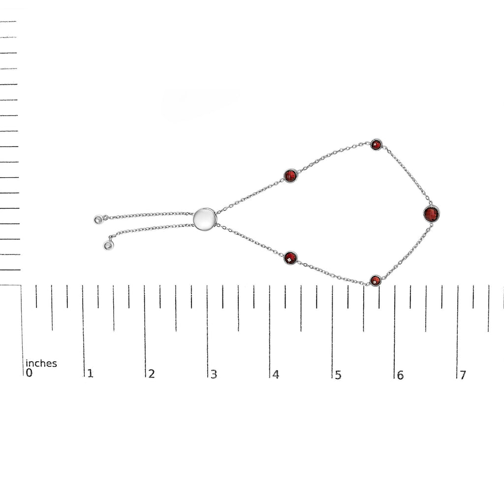 .925 Sterling Silver Bezel Set Red Garnet 5 Station Adjustable Bolo Bracelet - Friggin Jewelry
