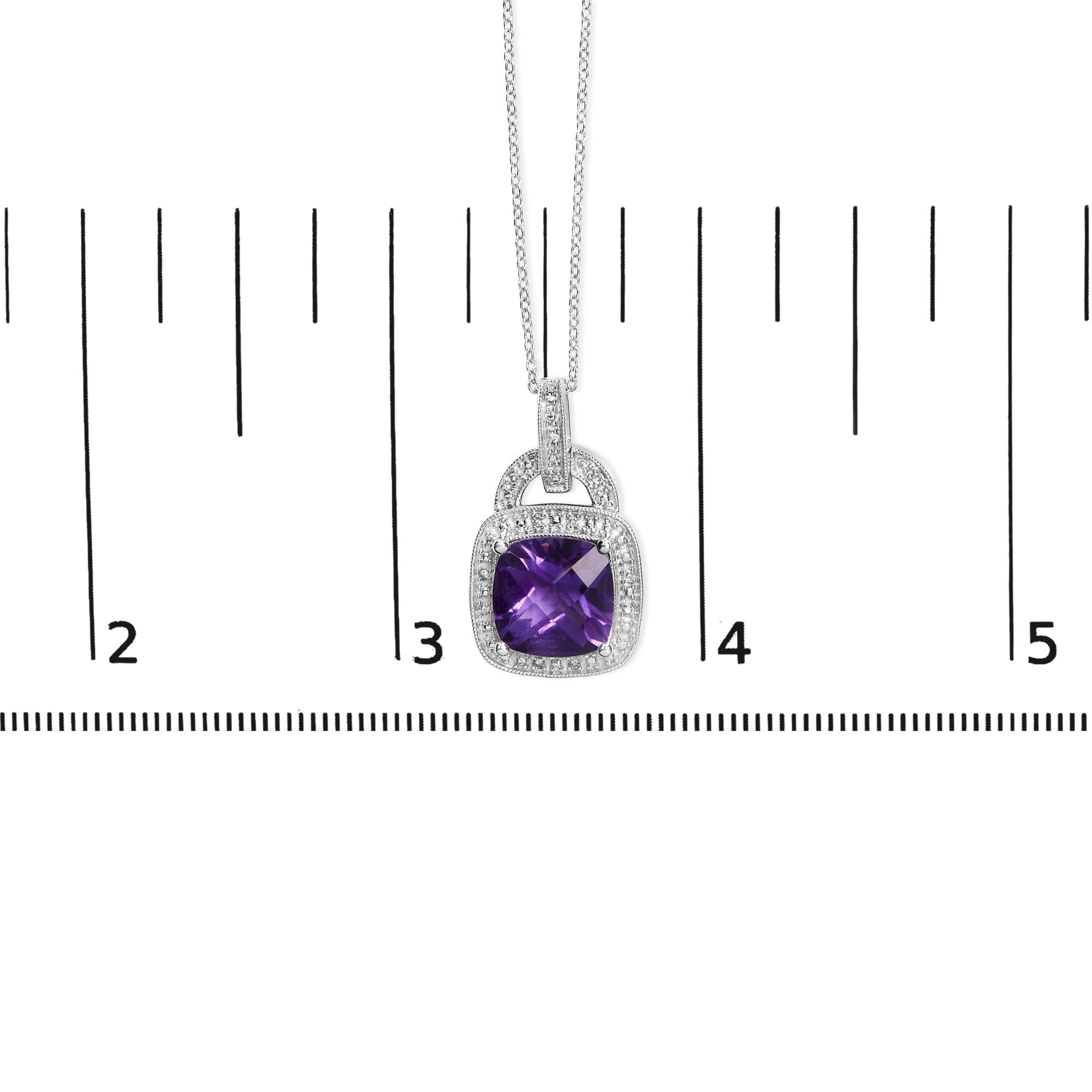 .925 Sterling Silver 10X10 MM Cushion Purple Amethyst and Diamond Accent Halo 18" Pendant Necklace (I-J Color, I1-I2 Clarity) - Friggin Jewelry