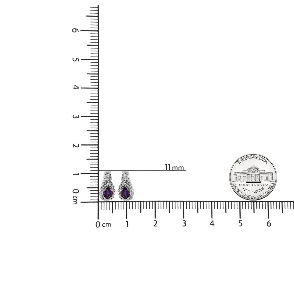 .925 Sterling Silver 8x6 MM Natural Oval Purple Amethyst Gemstone and Diamond Accent Art Deco Style Drop and Dangle Earrings (I-J Color, I1-I2 Clarity) - Friggin Jewelry