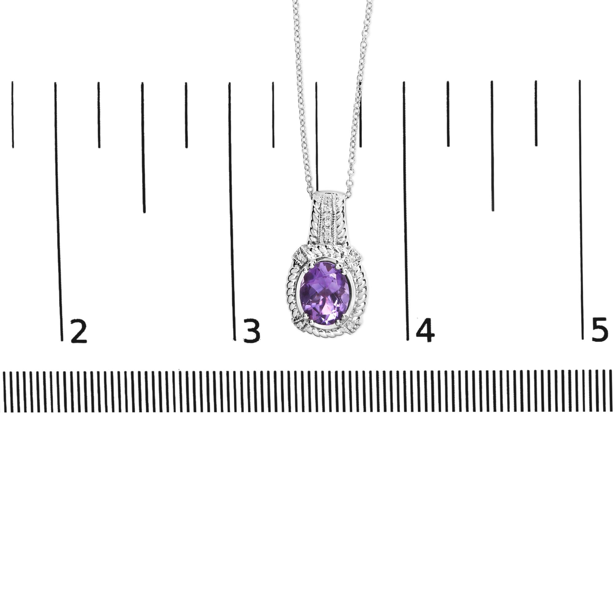 .925 Sterling Silver 9x7mm Oval Purple Amethyst and Round Diamond Accent Fashion Drop Pendant 18 Inch Necklace (I-J Color, I1-I2 Clarity) - Friggin Jewelry