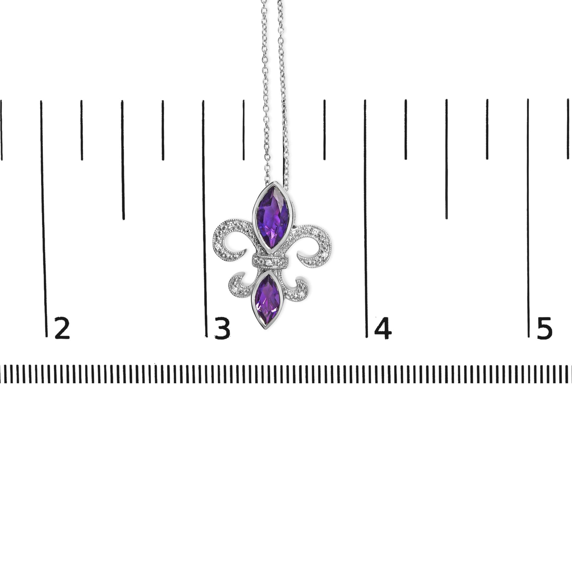 Collar con colgante de flor de lis con amatista morada, talla marquesa y detalles de diamantes en plata de ley 925 (color HI, claridad SI1-SI2) - Talla 45,7 cm - Friggin Jewelry