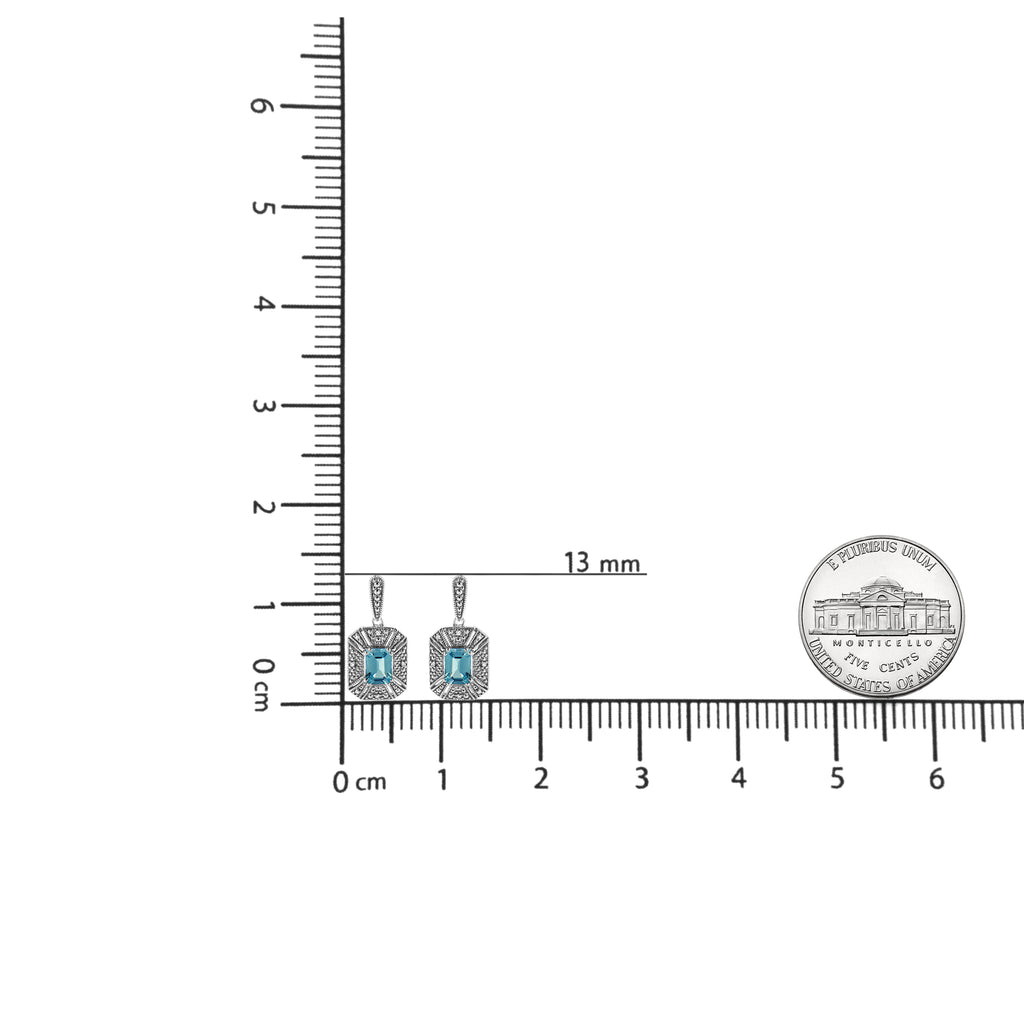 .925 Sterling Silver 7x5MM Emerald Shape Blue Topaz and Diamond Accent Art Deco Halo Style Drop and Dangle Earrings (I-J Color, I1-I2 Clarity) - Friggin Jewelry