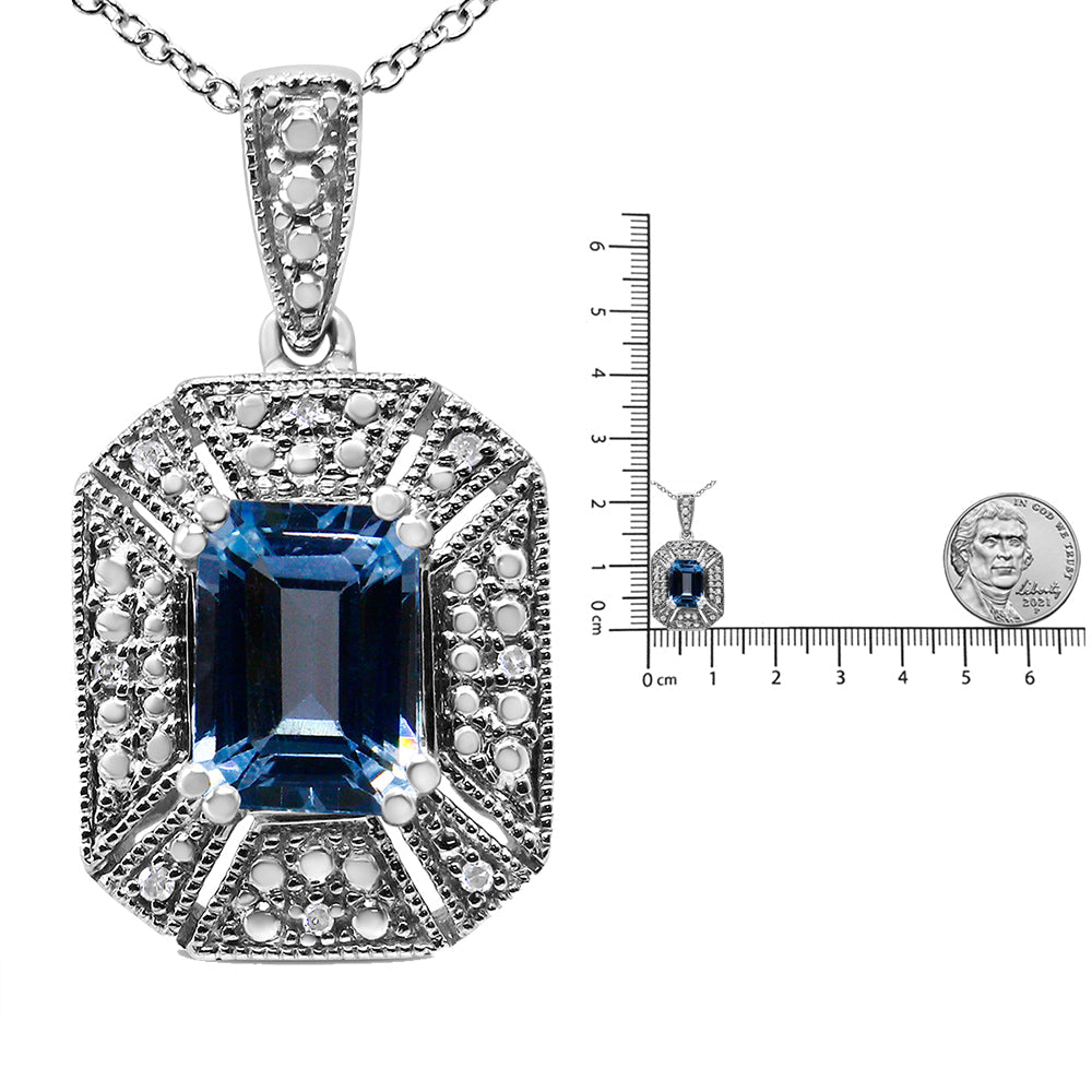 .925 Sterling Silver Blue Topaz and Diamond Accent Art Deco Style 18" Pendant Necklace (I-J Color, I1-I2 Clarity) - Friggin Jewelry