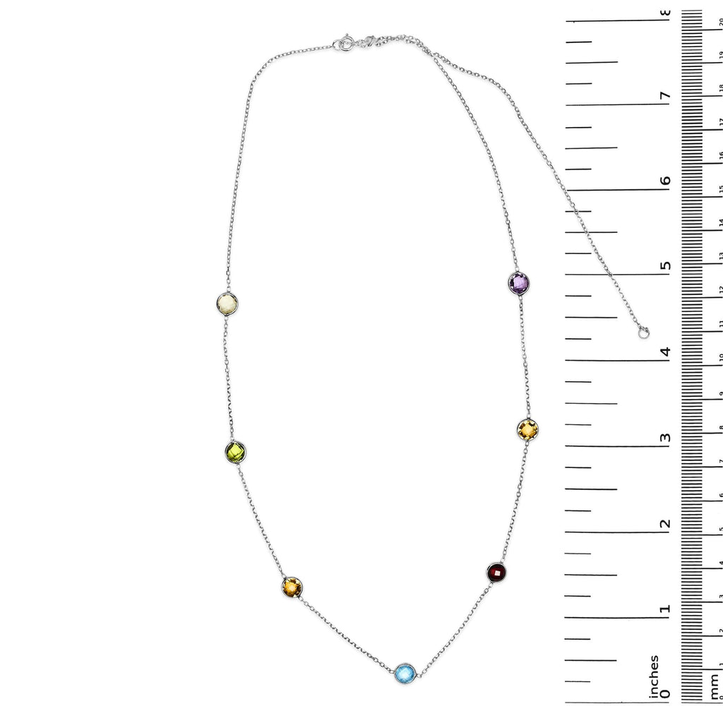 14K White Gold Bezel Set Mixed Gemstone 7 Station Adjustable 18"-24" Necklace - Friggin Jewelry
