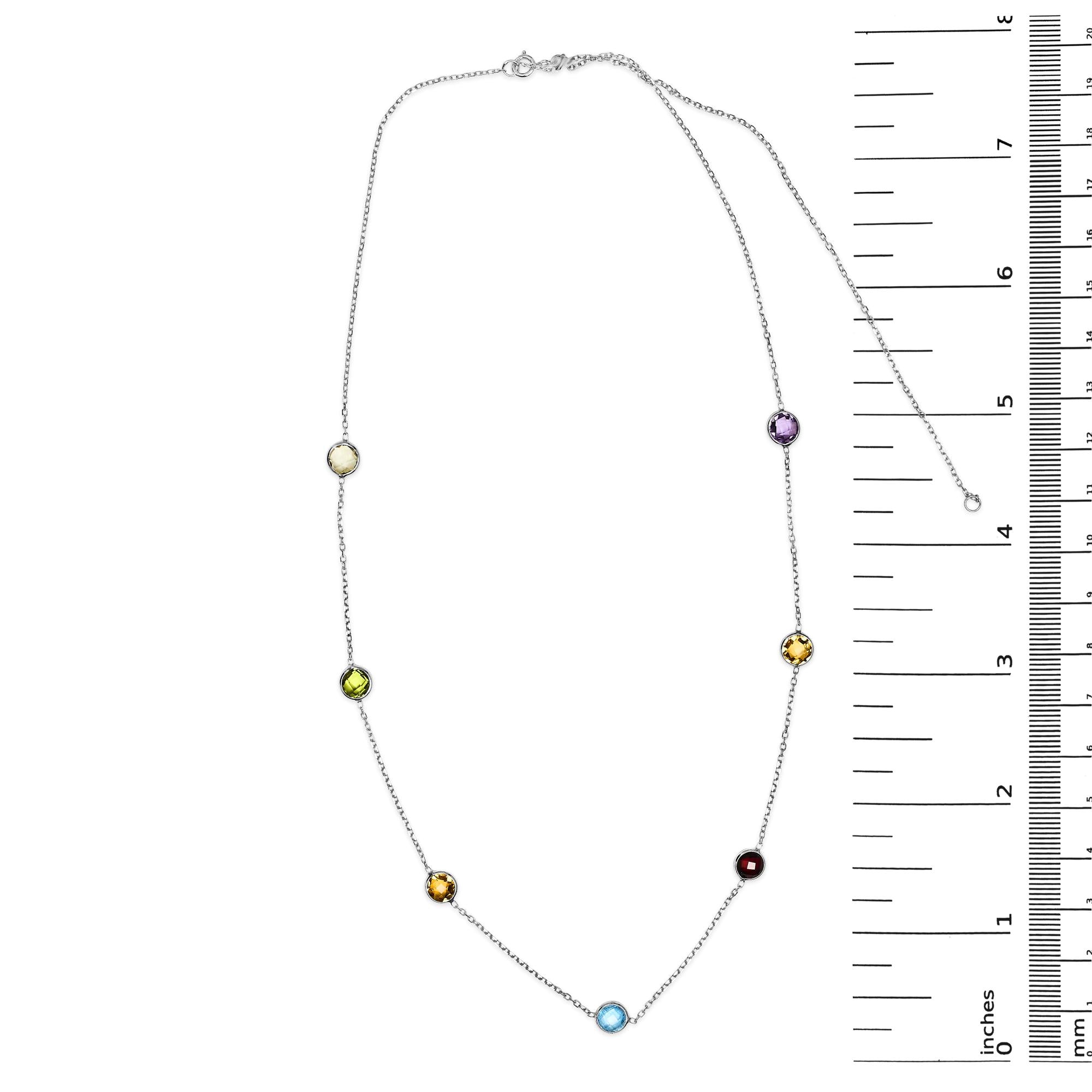 14K White Gold Bezel Set Mixed Gemstone 7 Station Adjustable 18"-24" Necklace - Friggin Jewelry