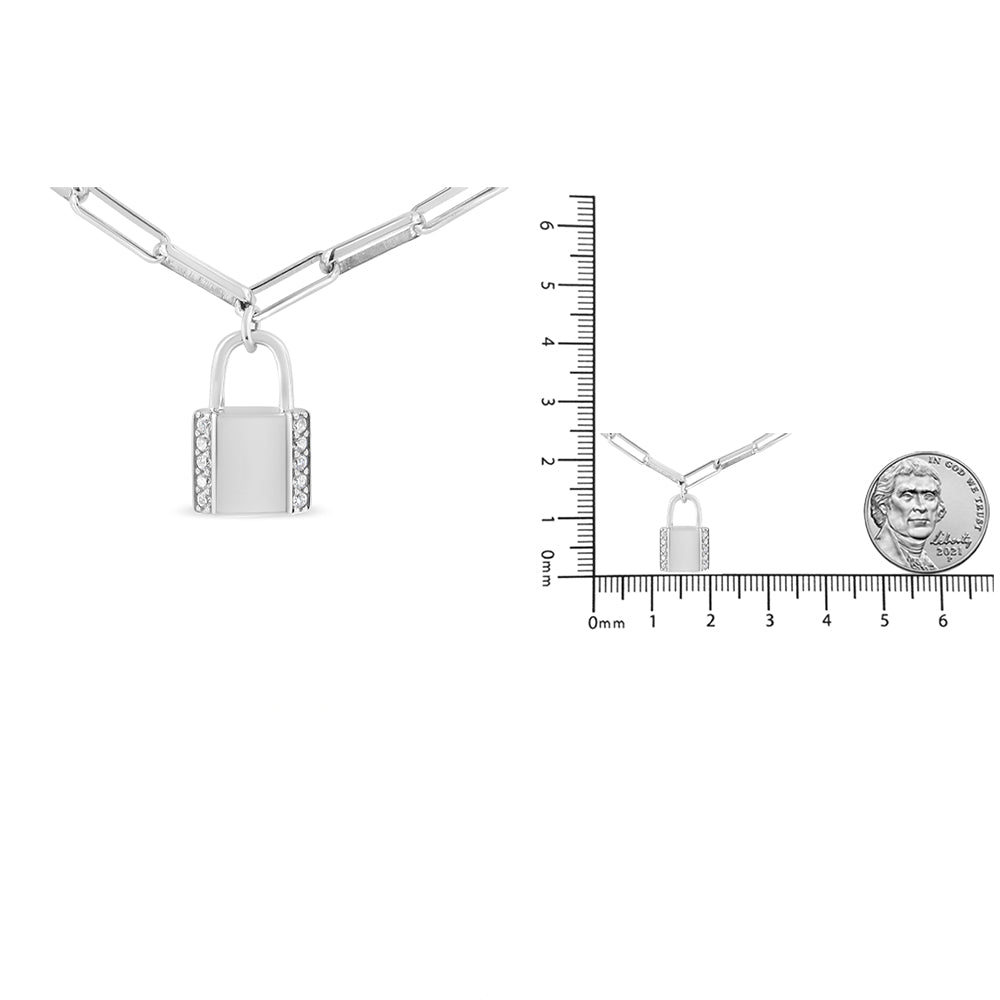 .925 Sterling Silver 1/10 Cttw Round Diamond Lock Pendant Paperclip Chin Necklace (H-I Color, SI1-SI2 Clarity) - Friggin Jewelry