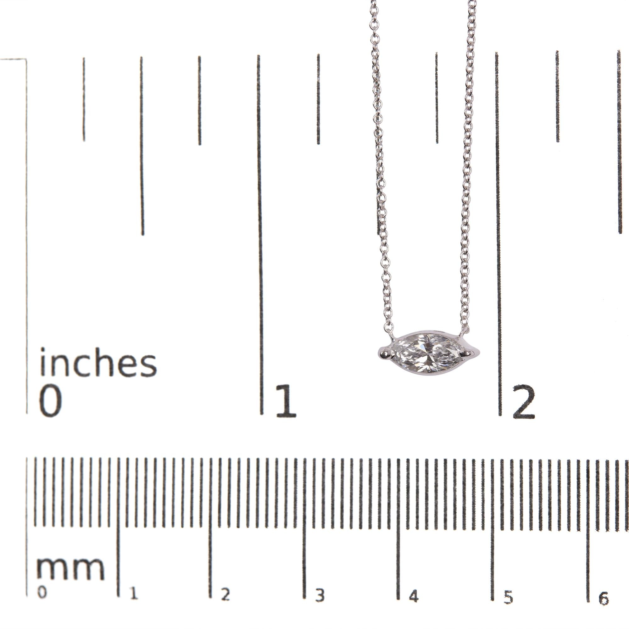 Collar con colgante solitario Este-Oeste de 18" en oro blanco de 14 quilates con diamante cultivado en laboratorio de 1/2 quilates y talla marquesa (color FG, claridad VS2-SI1) - Friggin Jewelry