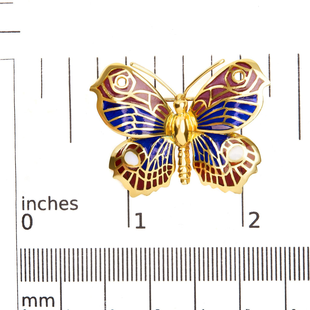 18K Yellow Gold Red, Blue, and White Enameled Butterfly Brooch Pin - Friggin Jewelry