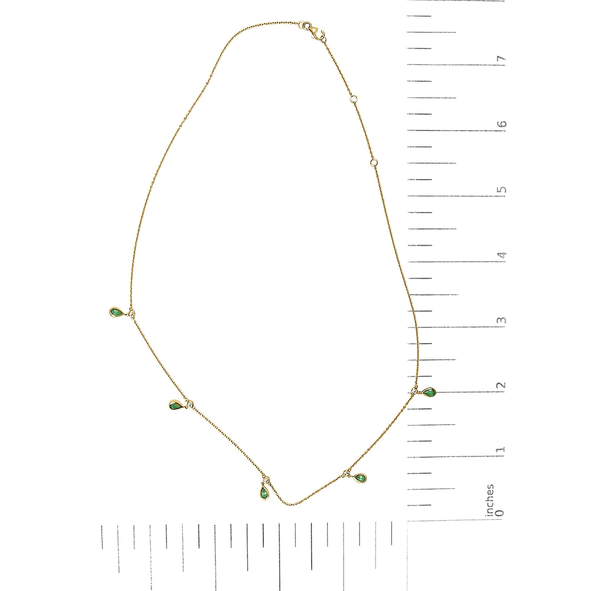 10K Yellow Gold Dangling 5x3 mm Green Emerald and Diamond Station Necklace - 18" Inches - Friggin Jewelry
