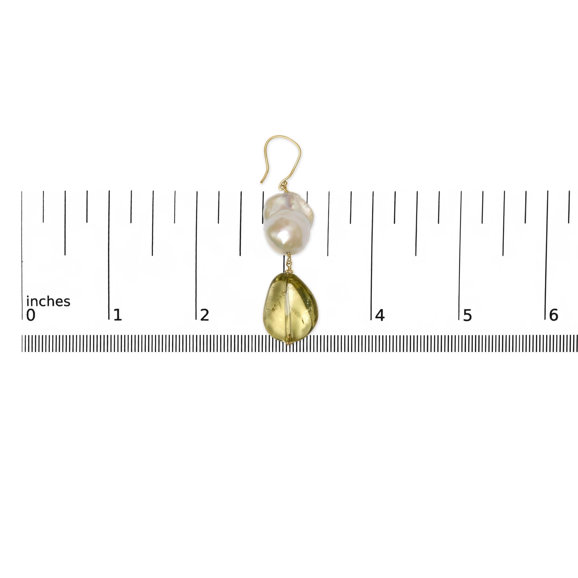 14K Yellow Gold Citrine and Baroque Pearl Drop and Dangle Earrings 1 3/4 Inch Dangle - Friggin Jewelry