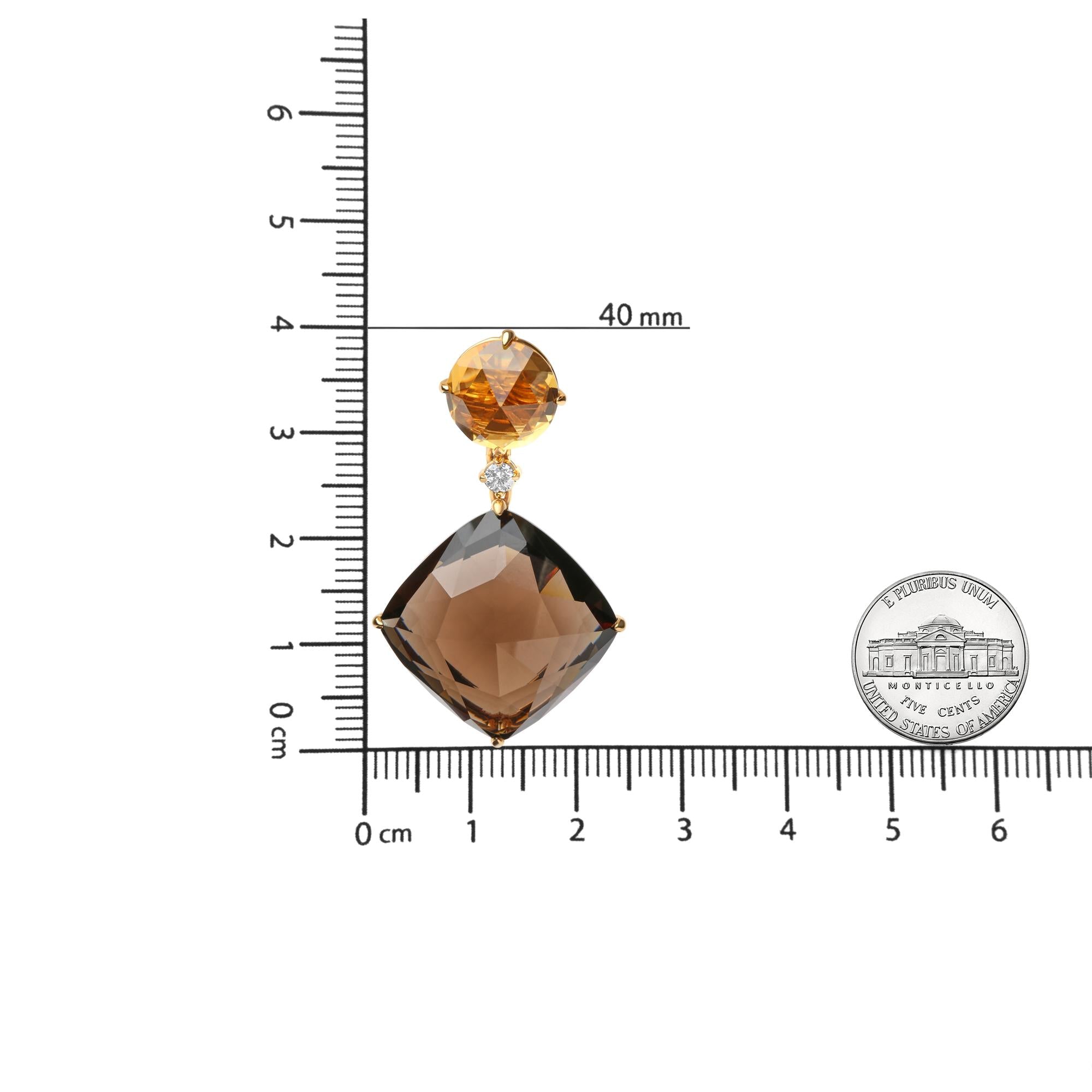 18K Yellow Gold 1/5 Cttw Diamond with Round Yellow Citrine and 25mm Cushion Cut Smoky Quartz Gemstone Dangle Earring (G-H Color, SI1-SI2 Clarity) - Friggin Jewelry