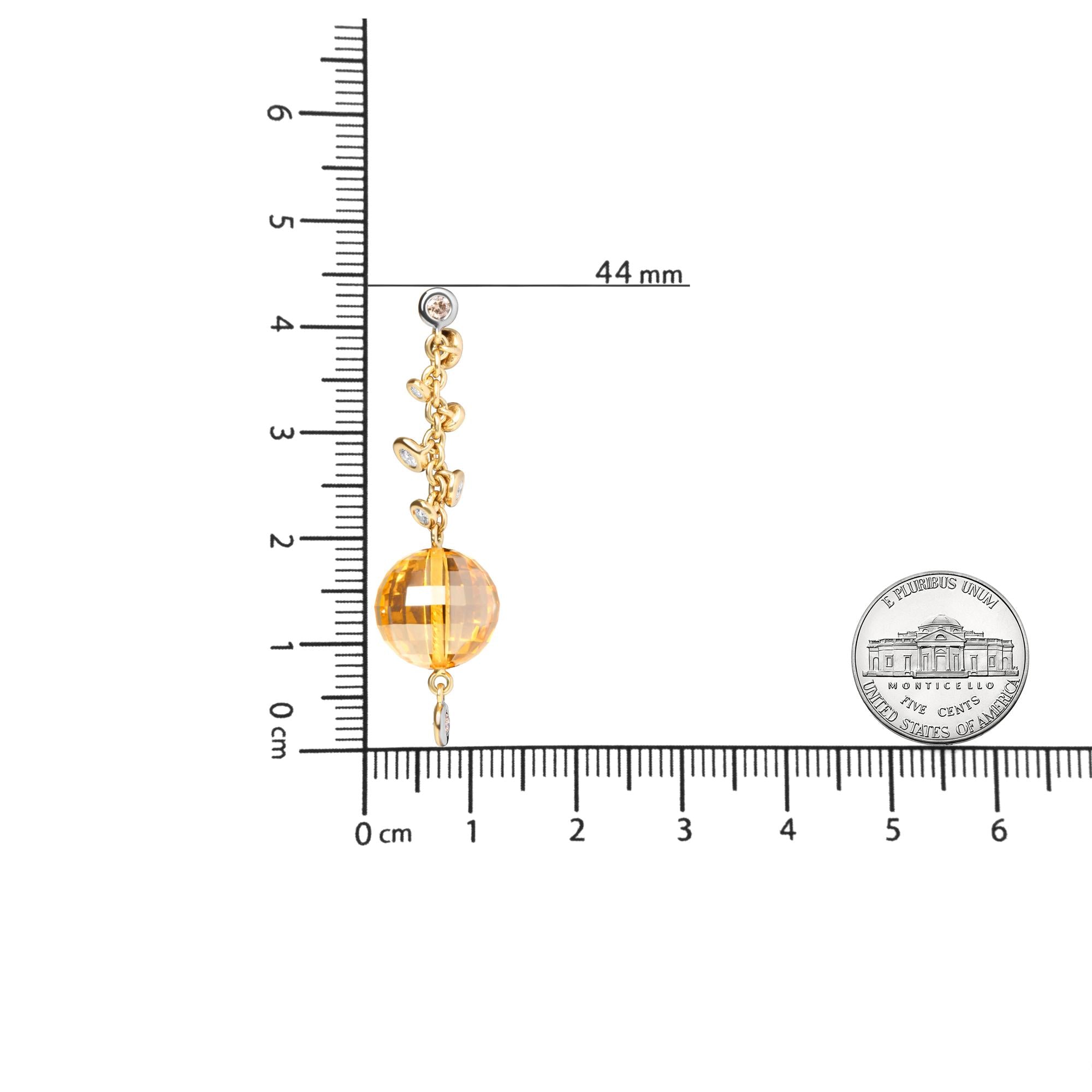 18K Yellow Gold 2/3 Cttw Round Bezel Diamond and 25mm Ball Shaped Yellow Citrine Gemstone Dangle Stud Earring (Brown and G-H Color, SI1-SI2 Clarity) - Friggin Jewelry