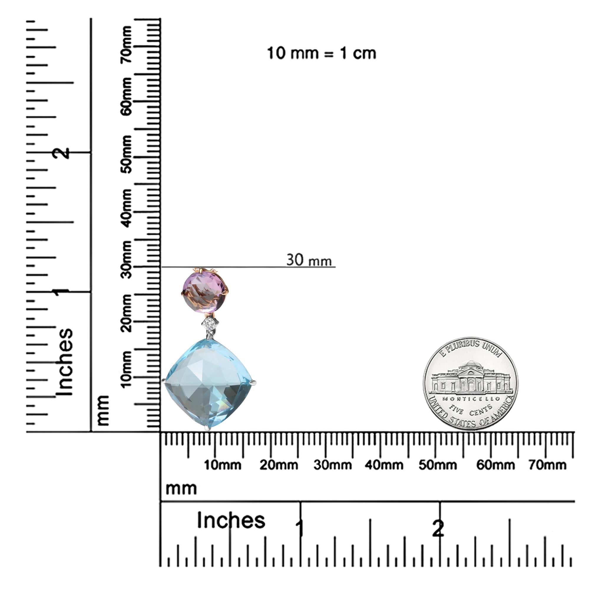 18K White and Rose Gold Round Diamond Accent and Round Rose De France Pink Amethyst and Cushion Cut Sky Blue Topaz Dangle Drop 18" Pendant Necklace (G-H Color, SI1-SI2 Clarity) - Friggin Jewelry
