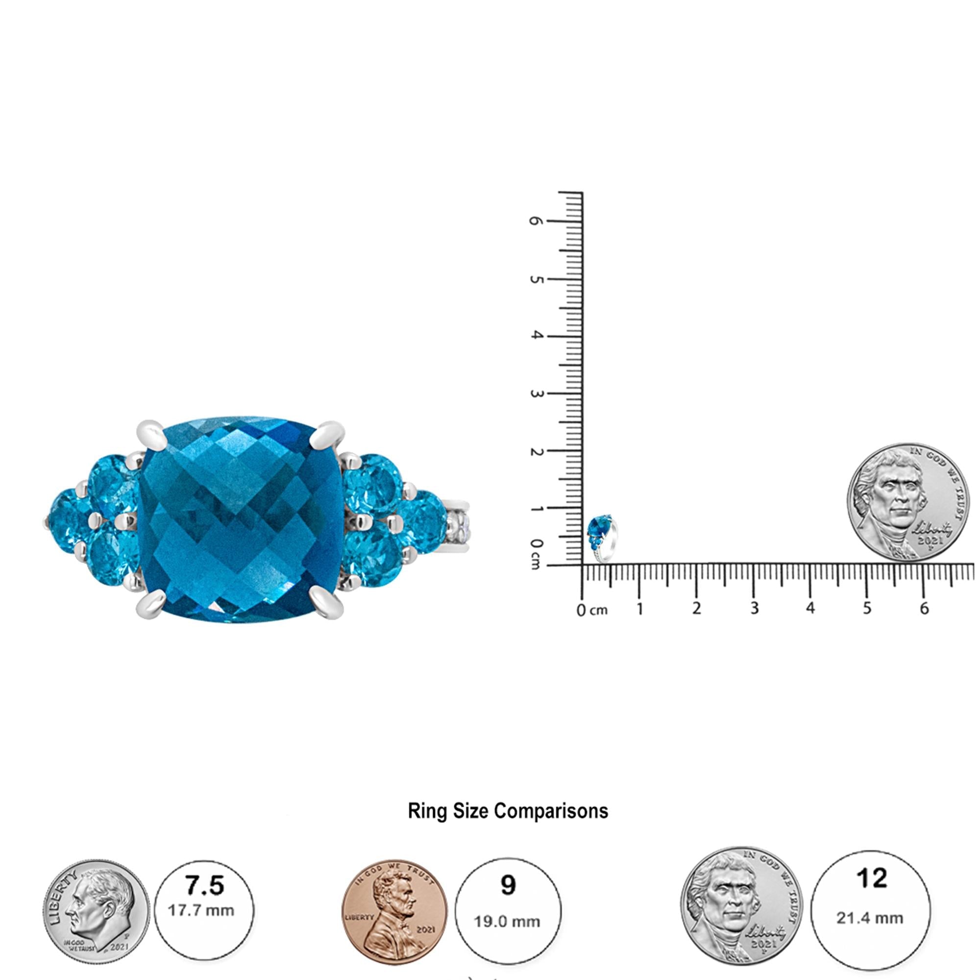 18K White Gold 10mm Cushion Shaped Blue Topaz and 1/6 Cttw Diamond 3 Stone Style Ring (F-G Color, VS1-VS2 Clarity) - Friggin Jewelry Premium