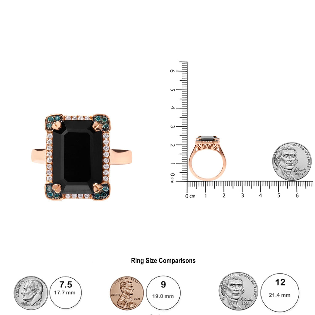 Anello da cocktail Halo in oro rosa 14 carati con onice nero taglio smeraldo da 15x10 mm e diamanti blu e bianchi da 1/5 ct (colore GH, purezza SI1-SI2) - Misura 7 - Friggin Jewelry