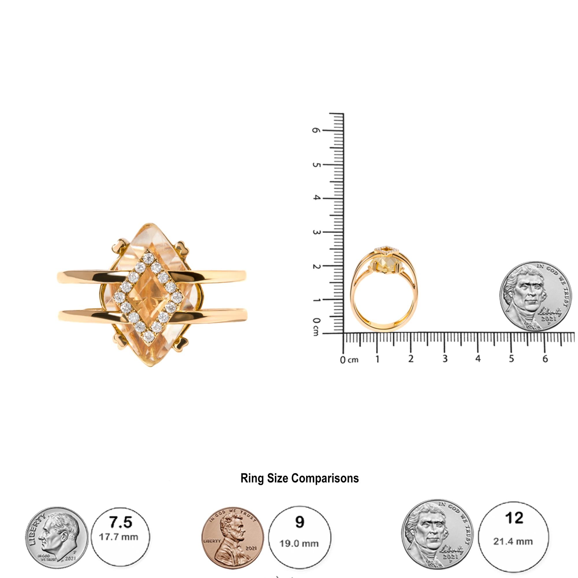 Anillo de cóctel llamativo en oro amarillo de 14 quilates de 15 x 15 mm con topacio amarillo de talla marquesa y detalles de diamantes (color GH, claridad SI1-SI2) - Friggin Jewelry