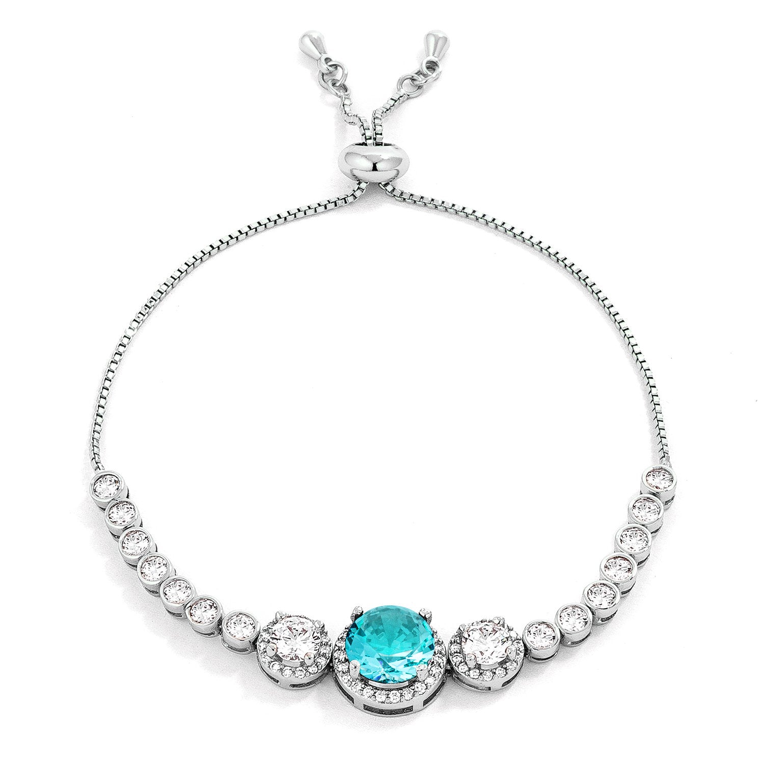 Refined Edge Signature Line Adjustable Rhodium Plated Graduated Aqua CZ Bolo Style Tennis Bracelet - Friggin Jewelry Fashion