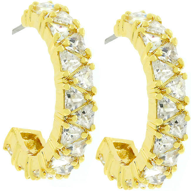 Classic Line Sculpted Edit Trillion Cut Cubic Zirconia Hoop Earrings Goldtone Finish - Friggin Jewelry Fashion