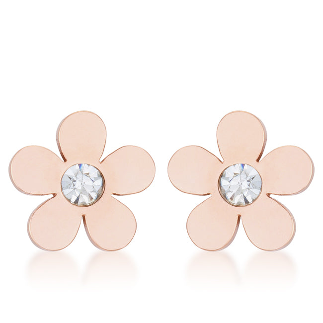 Polished Classic Heritage Line Daisy 0.3ct CZ Rose Gold Stainless Steel Flower Stud Earrings - Friggin Jewelry Fashion