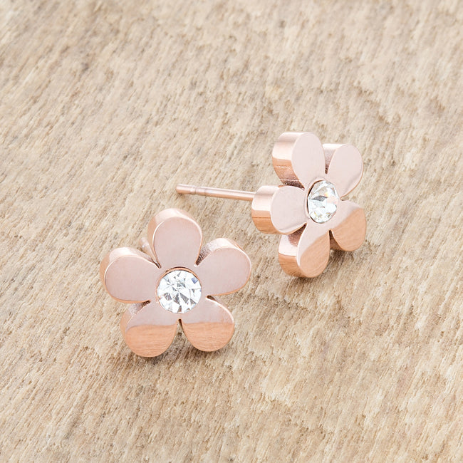 Polished Classic Heritage Line Daisy 0.3ct CZ Rose Gold Stainless Steel Flower Stud Earrings - Friggin Jewelry Fashion