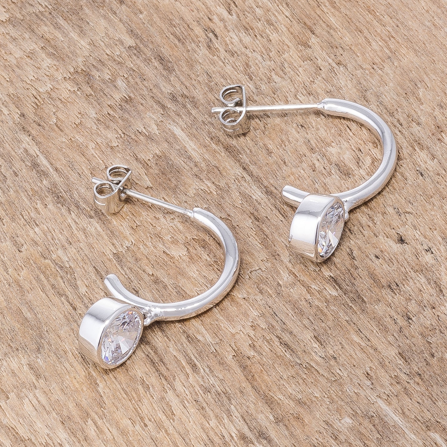 Golden Icon Signature Line 7mm Cz Rhodium Plated Drop Hooplet Earrings - Friggin Jewelry Fashion