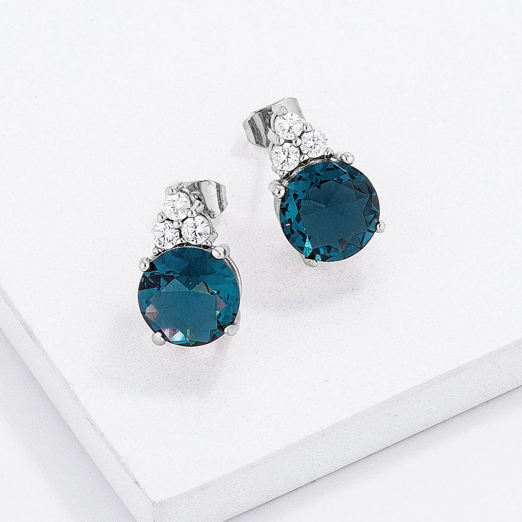 Radiant Spark Desired Edit Simple Rhodium Plated 9mm Blue Green CZ Stud Earring - Friggin Jewelry Fashion
