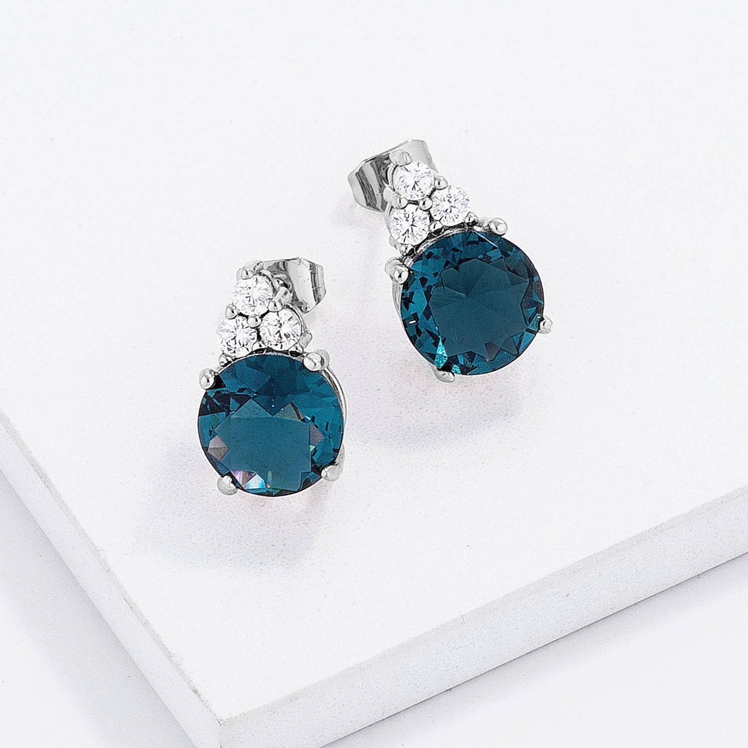 Radiant Spark Desired Edit Simple Rhodium Plated 9mm Blue Green CZ Stud Earring - Friggin Jewelry Fashion