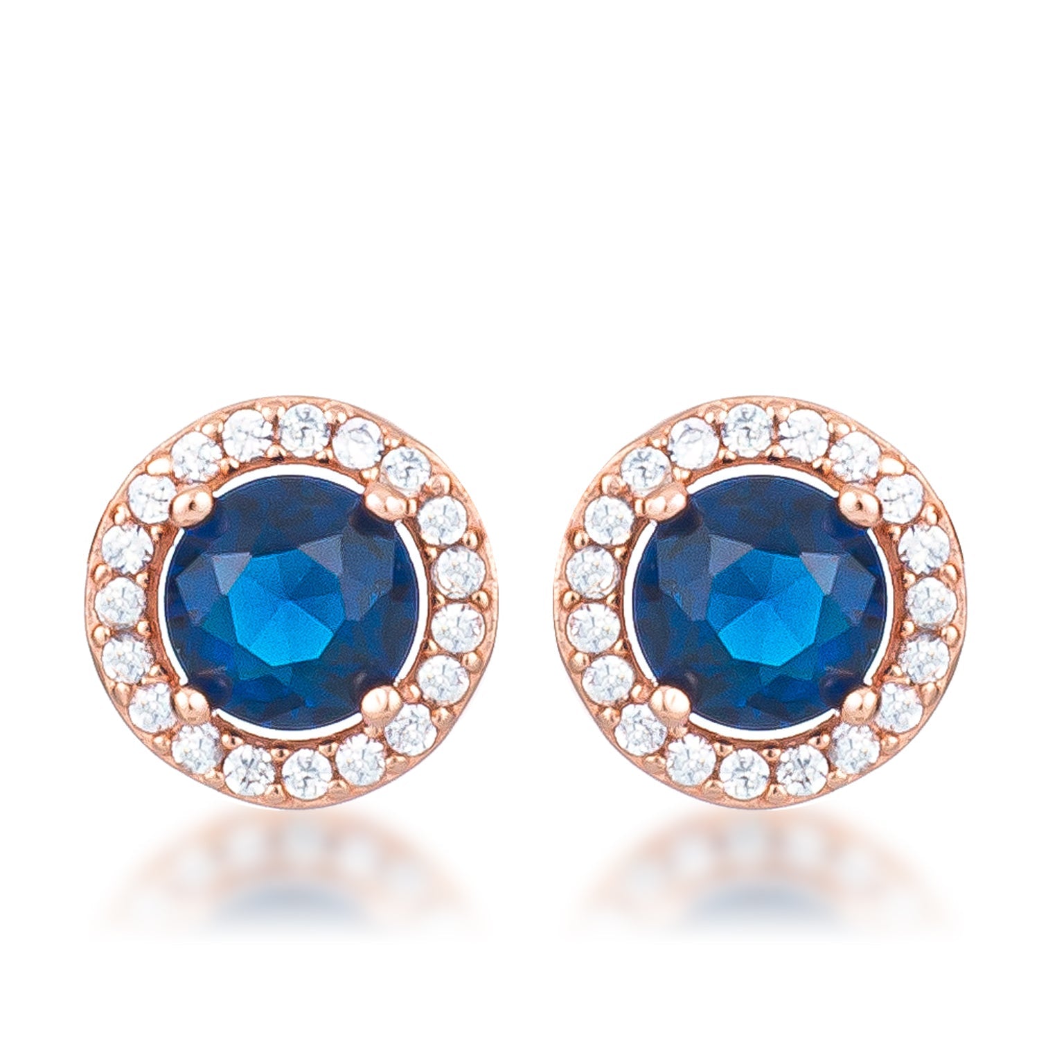 Coveted Spark Signature Edit 2.3Ct Rose Gold Plated Sapphire Blue CZ Halo Earrings - Friggin Jewelry Fashion