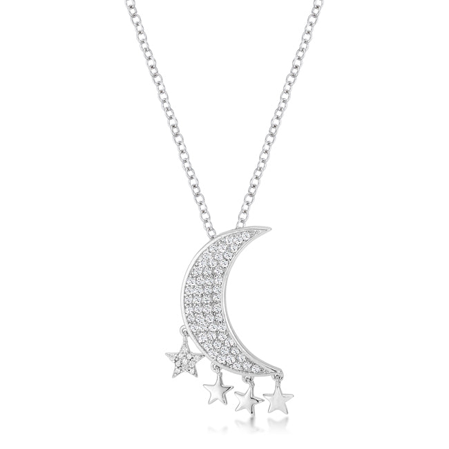 Refined Glow Classic Line .6Ct Dazzling Rhodium Moon and Stars Necklace with CZ - Friggin Jewelry Fashion
