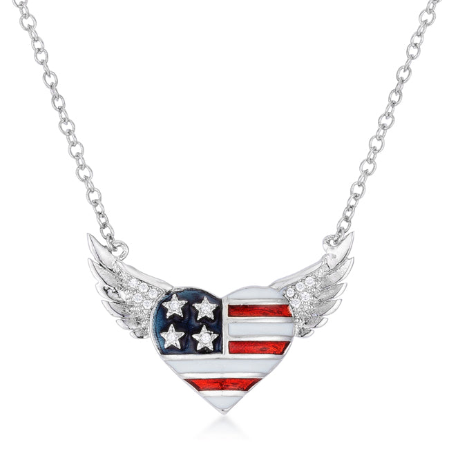 Signature Whisper Sleek Line .14 Ct Patriotic Winged Heart Necklace with CZ Accents - Friggin Jewelry Fashion