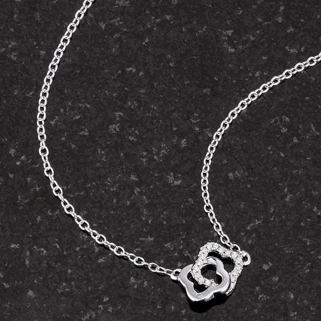 Sleek Spark Polished Line .21 Ct Rhodium Necklace with Floral Links - Friggin Jewelry Fashion
